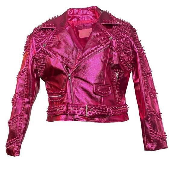 azalea wang Jackets & Blazers - Azalea Wang Hot Pink Metallic Spike Moto Biker Jacket Size 2XL